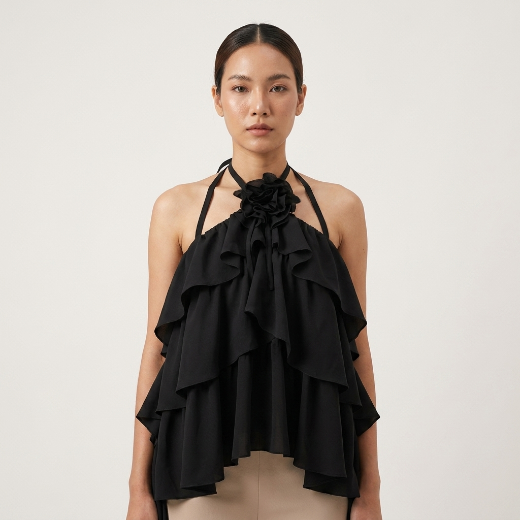 Ginny Ruffle Halter Top with Floral Detail – La Mode Studios