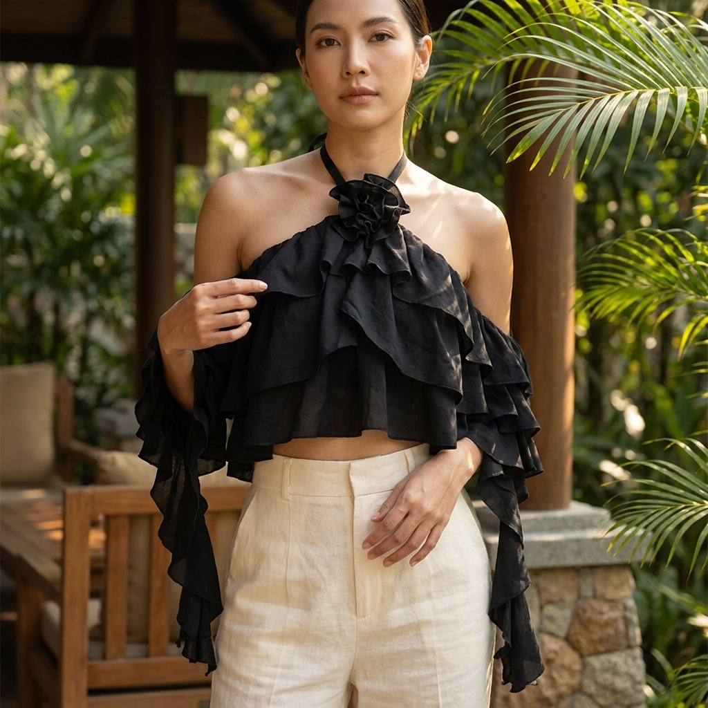 Ginny Ruffle Halter Top with Floral Detail – La Mode Studios