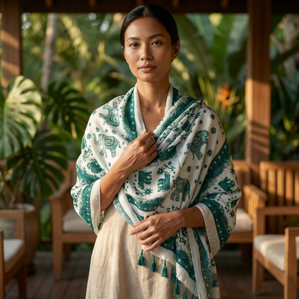 Thai Elephant Print Lightweight Scarf & Shawl with Tassels