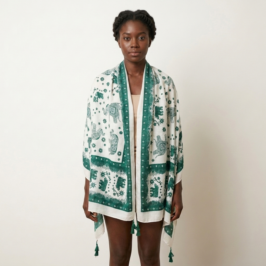 Thai Elephant Print Lightweight Scarf & Shawl with Tassels