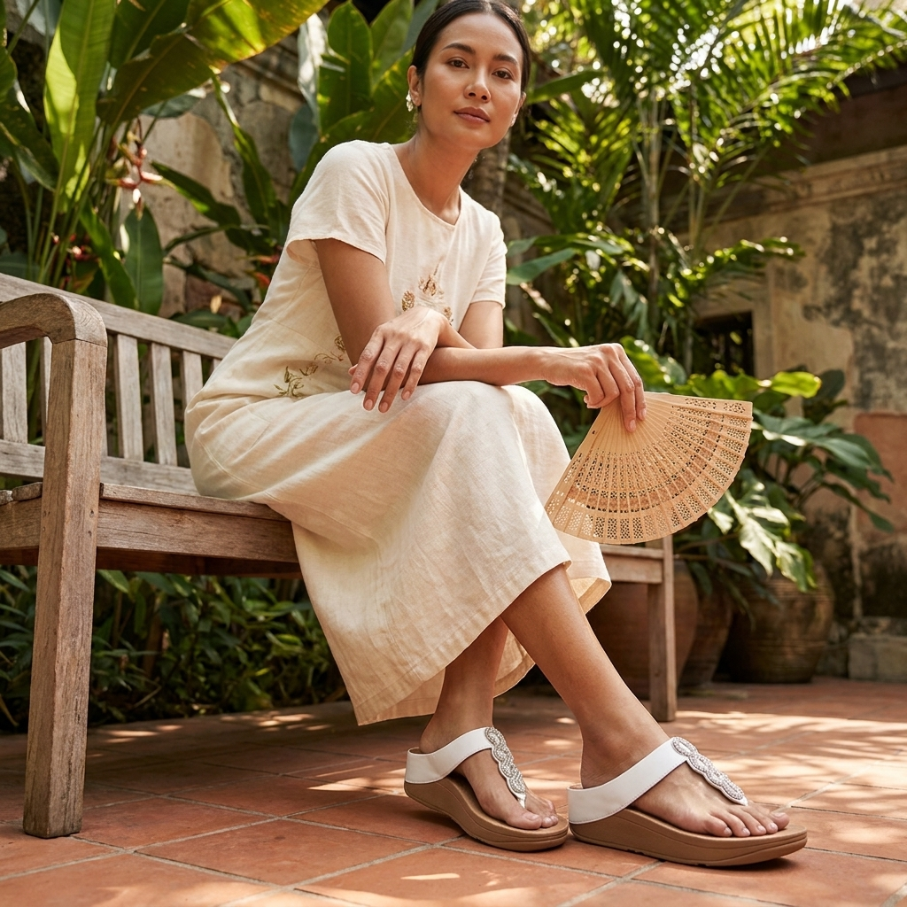 FitFlop Comm-Fino Sparkle Toe-Thongs Women’s Sandals – Urban White