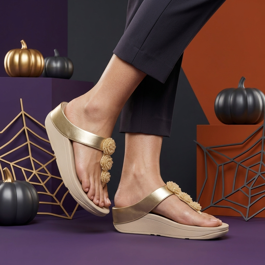 FitFlop Fino Beadie-Button Metallic Women’s Flip-Flops – Gold