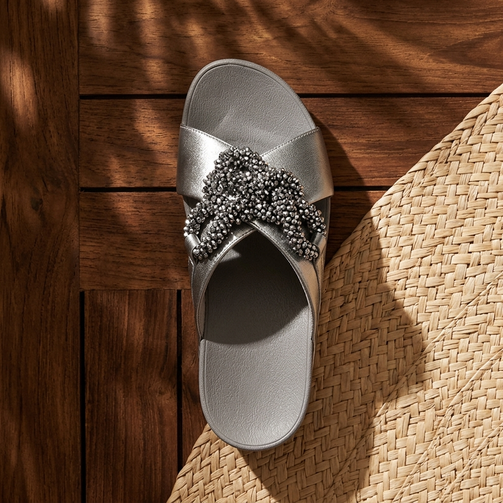FitFlop Lulu Beaded-Chain Cross Slides – Silver