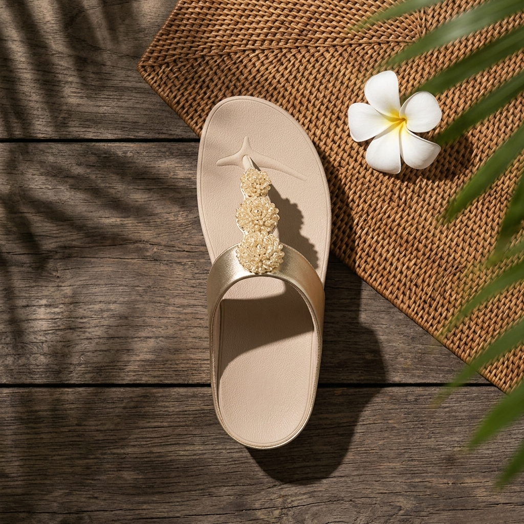 FitFlop Fino Beadie-Button Metallic Women’s Flip-Flops – Gold