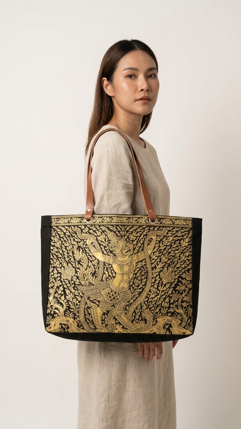 Garuda & Naga Golden Canvas Tote Thai Mythology Premium Bag