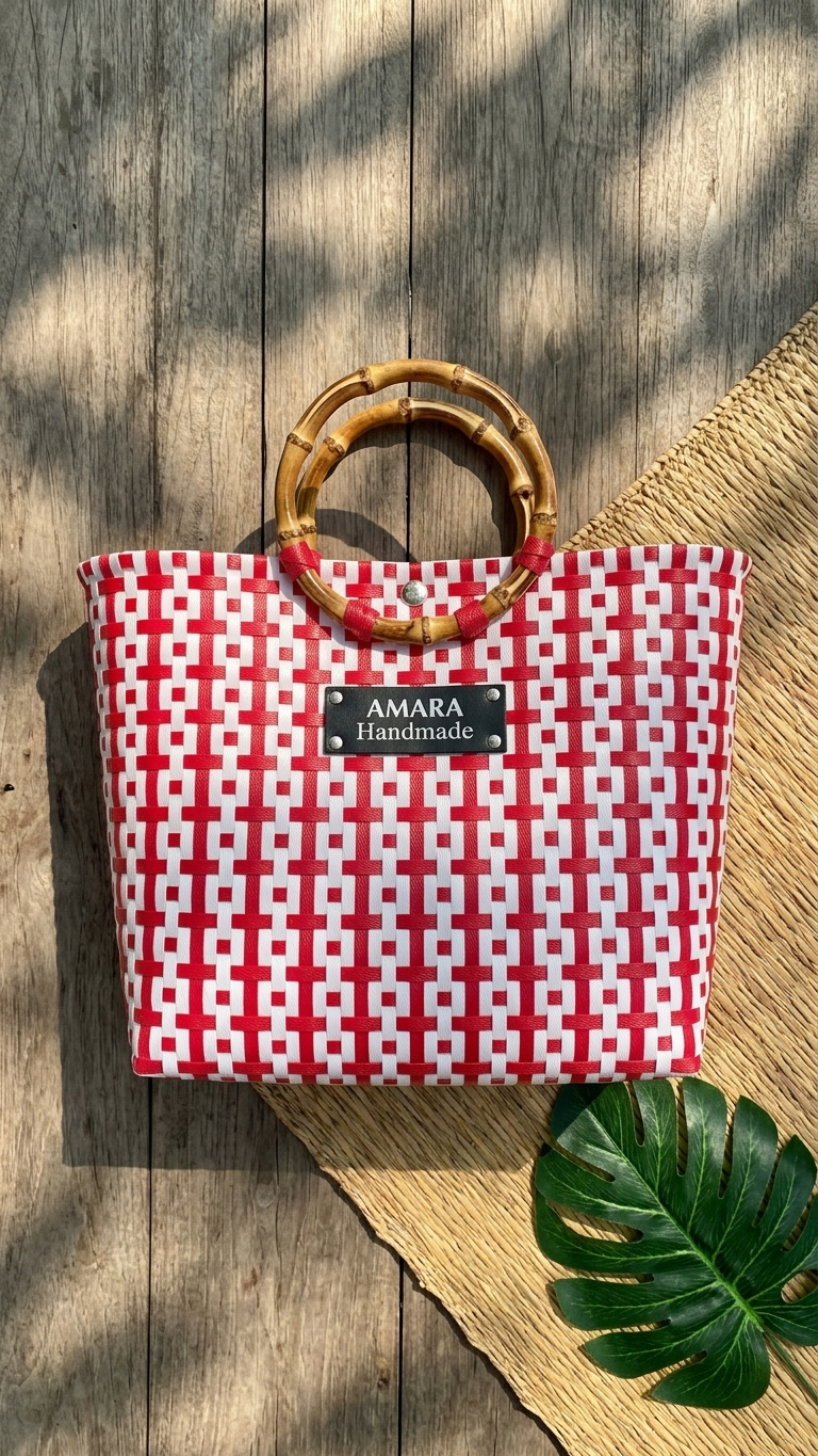 AMARA Handmade Woven Bag  Bamboo Handle Edition
