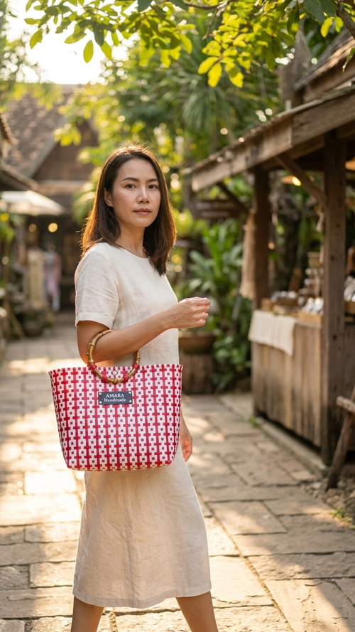 AMARA Handmade Woven Bag  Bamboo Handle Edition
