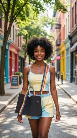 Pride Rainbow Strap Canvas Tote Bag, Black Shoulder Bag